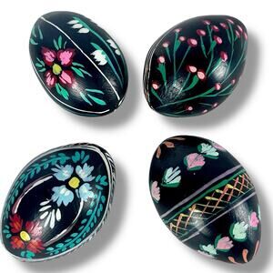 Vintage Hand Painted Wooden Easter Eggs Black Dark Floral Folk Art Set of 4